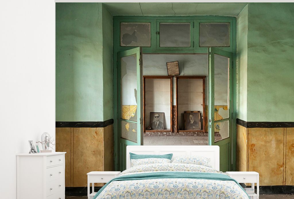 MuchoWow Fototapete für Wohnzimmer oder Schlafzimmer Wandtapete Vinyl Motivtapete Tür - Grün - Architektur - Glas - 300x240 cm - Fototapeten