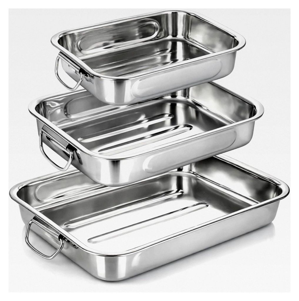 3-teiliges Braten- und Backform-Set - Edelstahl Bräter mit Haltegriffen - Auflaufform zum Kochen und Backen - Ofenform (silberfarben)