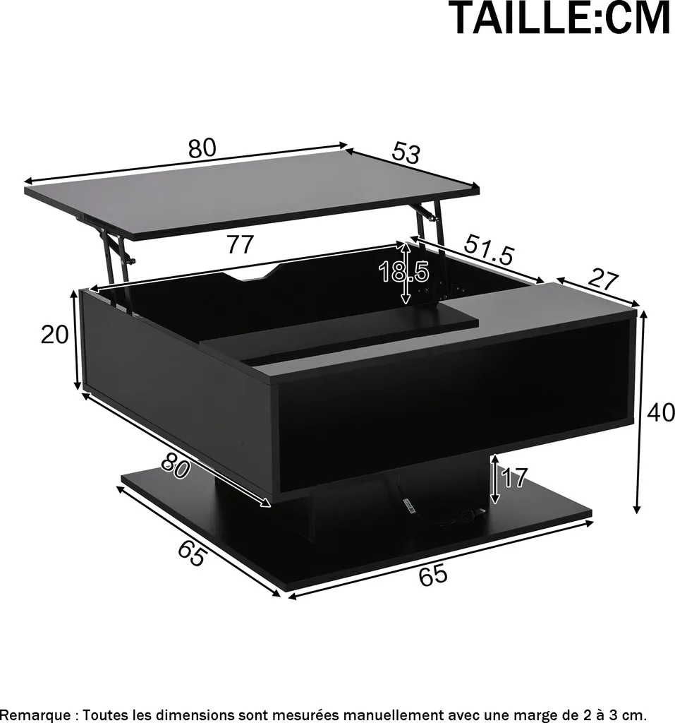 Table Basse LED Noire à Hauteur Réglable et Compartiment de Stockage - 4