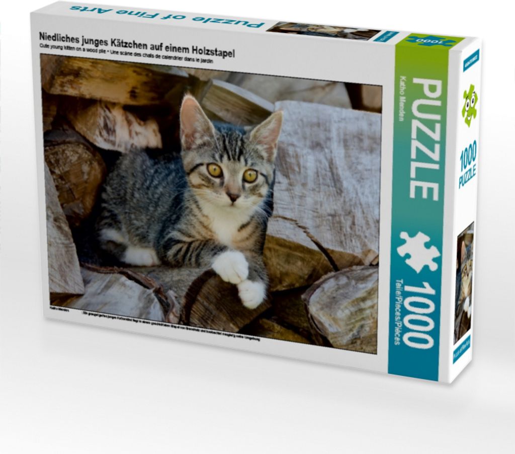 Calvendo Niedliches junges Kätzchen auf einem Holzstapel 1000 Teile Puzzle quer 640x480mm, Menden Katho; 7396362
