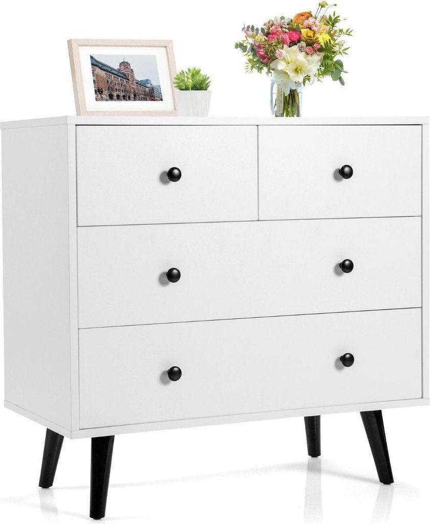 Kommode mit 4 Schubladen Sideboard aus Holz Modern Aufbewahrungsschrank Weiß