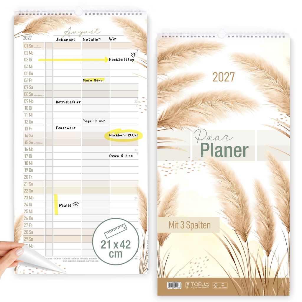 Paarkalender 2027 Pampas 21x42 cm 3 Spalten Sticker-Spalte Produktbild 