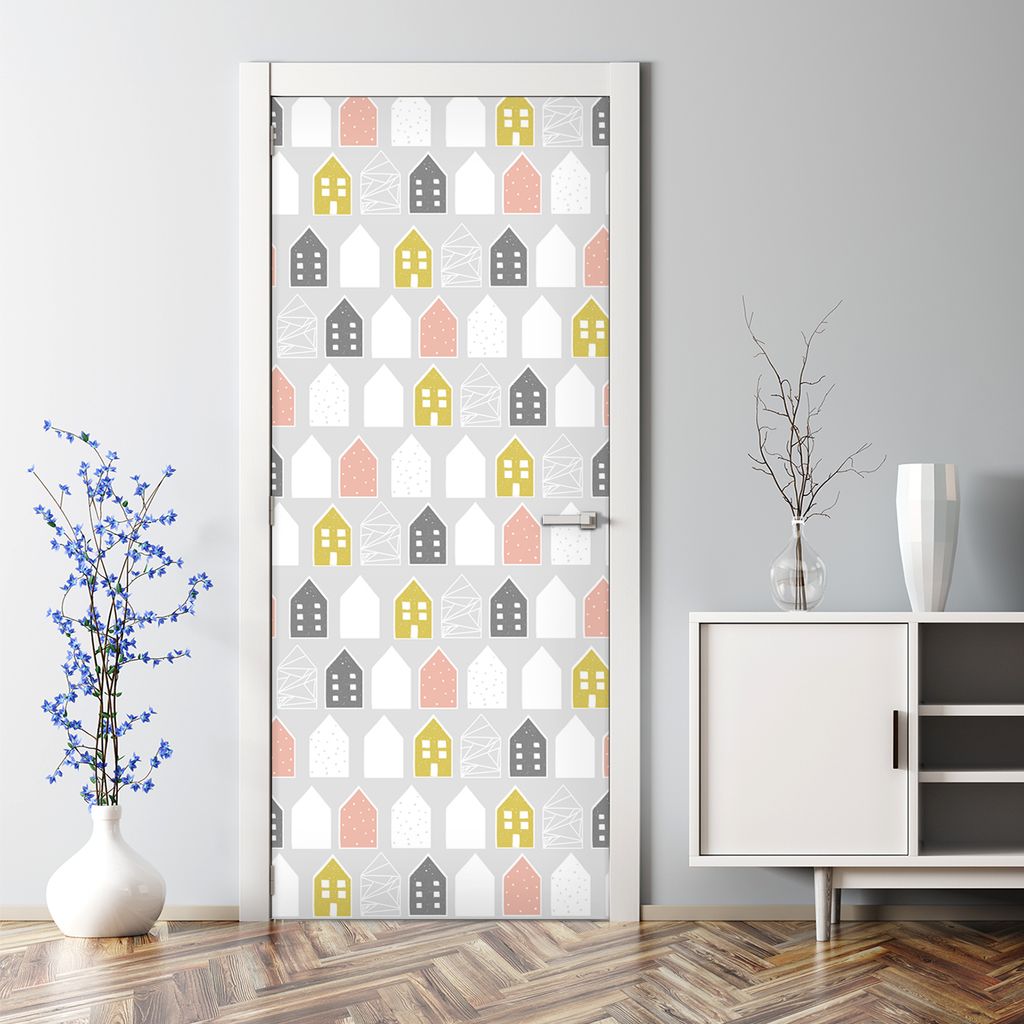 Dekorative Aufkleber selbstklebend Klebefolie Türaufkleber Türposter Pastell Häuser 77 x 200 cm