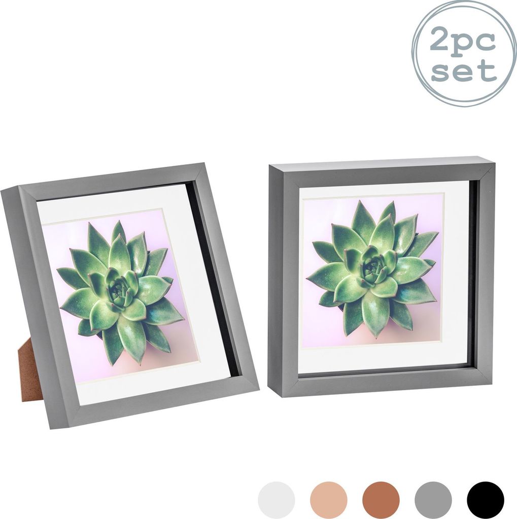 Nicola Spring 2 Stück 8 x 8 3D-Schatten-Kasten-Foto-Rahmen-Set - Craft Anzeigen Bilderrahmen mit 6 x 6 Montage - Glas Aperture - Grau