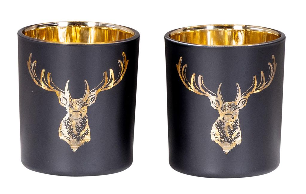 2er Set Teelichthalter Schwarz Gold Hirsch Glas Kerzenhalter Tischdeko Weihnachten Kerzen Deko Wohndeko Kerzenglas