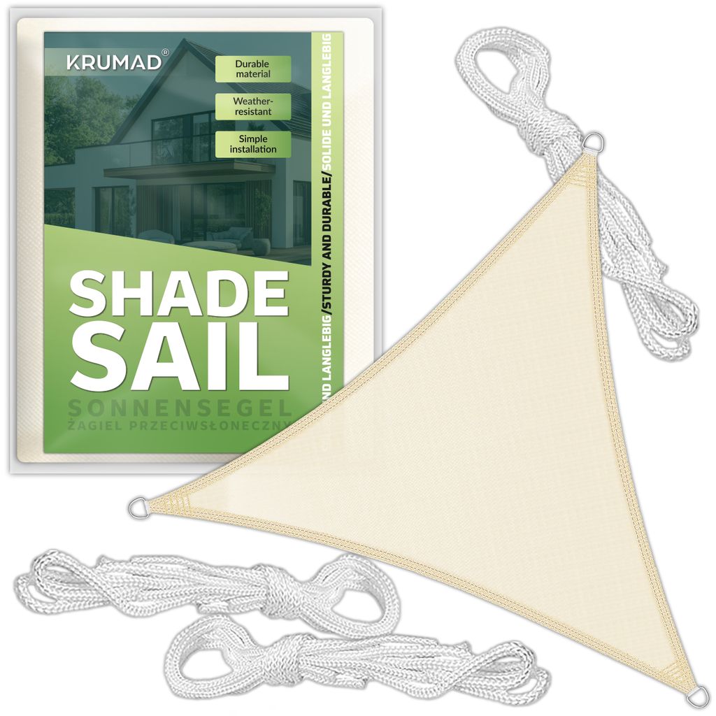 KRUMAD Sonnensegel Dreieck 4x4 m Beige Sonnenschutz Wasserabweisendes UV Wetterfest mit Befestigungsseilen