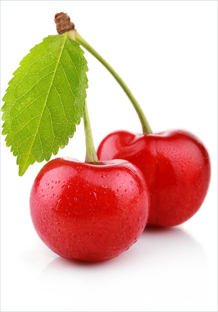 Wallario Poster - Saftige Süß-Kirschen mit grünem Blatt, Kunstdruck Größe: 70 x 100 cm