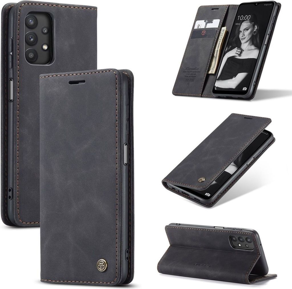 A collage of images showing a black leather flip phone case for a Samsung Galaxy A32 5G, with various angles and a close-up of the phone inside.