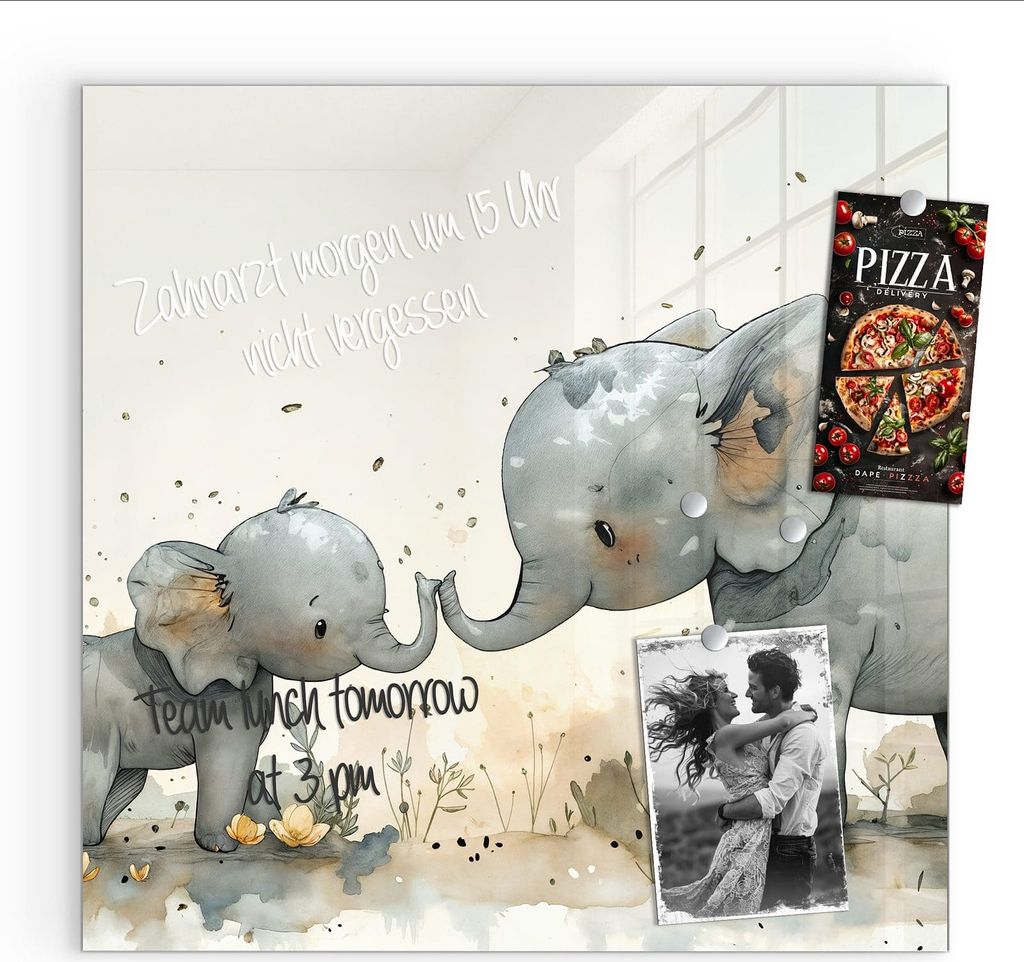 Magnettafel 30x30cm Pinnwand Whiteboard beschreibbar - Elefantenfamilie