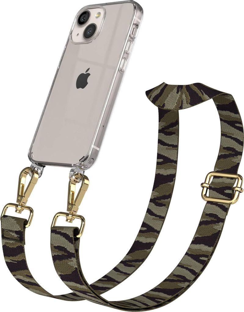EAZY CASE Handykette - Verstellbarer Trageriemen kompatibel mit Apple iPhone 13 Mini, Handykordel mit transparenter Silikon-Hülle, Karabiner Gold,...