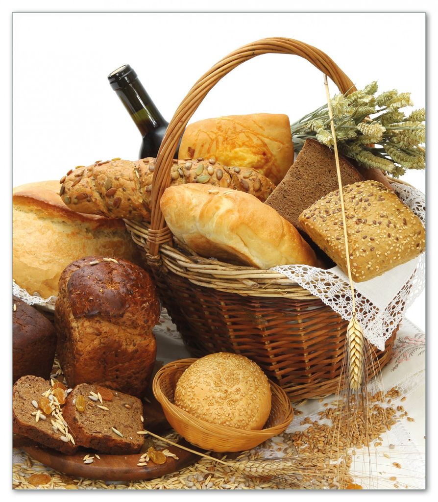 Wallario Herdabdeckplatte aus Glas, Größe 52 x 60 cm 1-teilig, Motiv Brot und Brötchen im eleganten Korb - mit Wein und Getreide