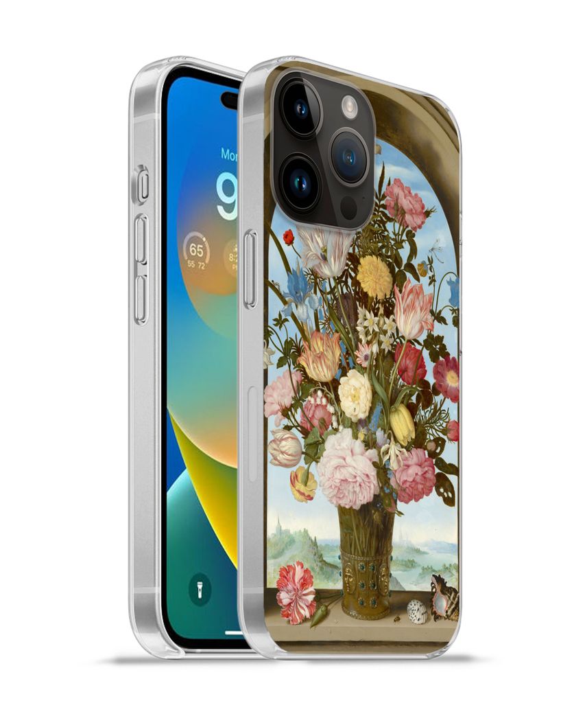 MuchoWow Handyhülle Schutzhülle Hülle für Apple iPhone 14 Pro - Softcase Vase mit Blumen in einem Fenster - Gemälde von Ambrosius Bosschaert...