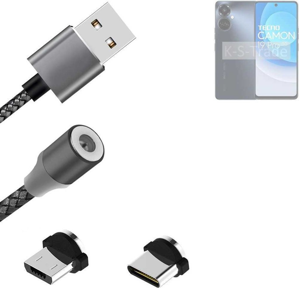 K-S-Trade Hochwertiges Magnet-Lade-kabel Sync-Kabel Daten-Kabel für Tecno Camon 19 Pro 5G mit USB-Typ-C-Anschluss und Micro-USB-Anschluss 2A bis zu