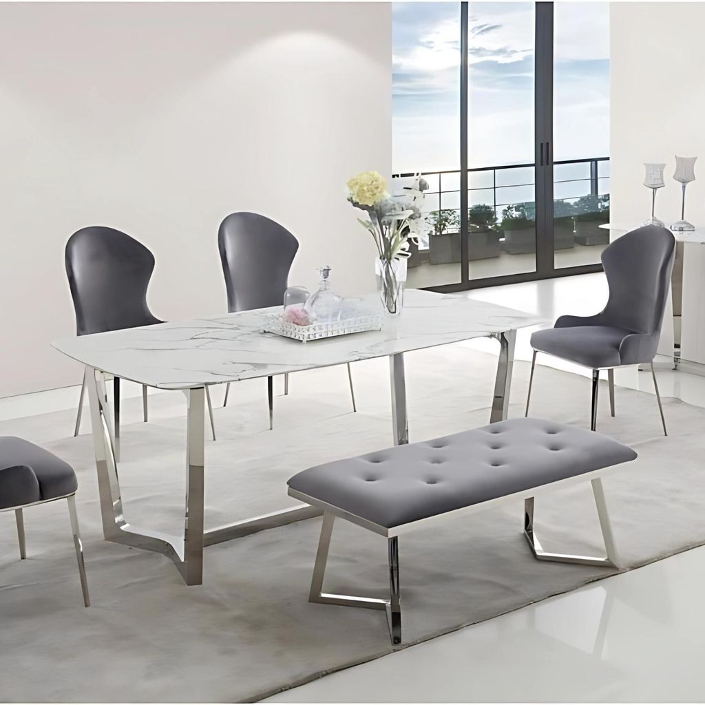 Moderner Esstisch in weißer Marmor-Optik mit Edelstahlbeinen – 180 x 90 x 76 cm