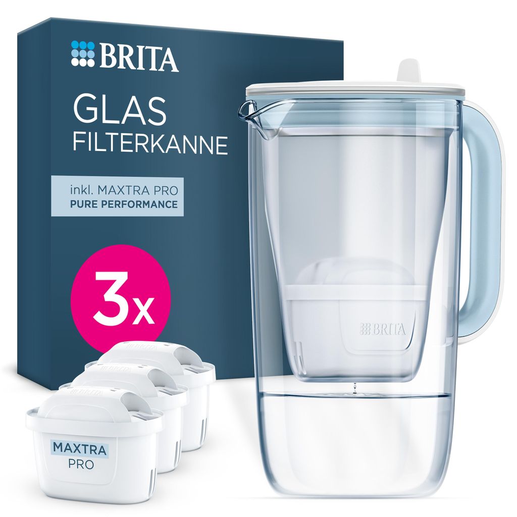 BRITA Glas Wasserfilter-Kanne Hellblau (2,5l) 3 MAXTRA PRO All-in-1 Kartusche