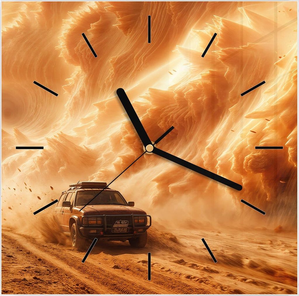 Wanduhr aus Glas mit Motiv Sandsturm Jeep Abenteuer- 30 x 30 cm - inkl. Aufhängesystem