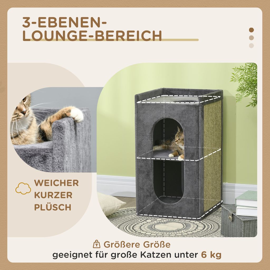 PawHut Kratztonne, 73 cm hoch Katzentonne mit 3 Höhle, Kratzbaum mit Kissen, Katzenturm aus Wasserhyazinthe, für Katze bis 3,5 kg, Hellbraun