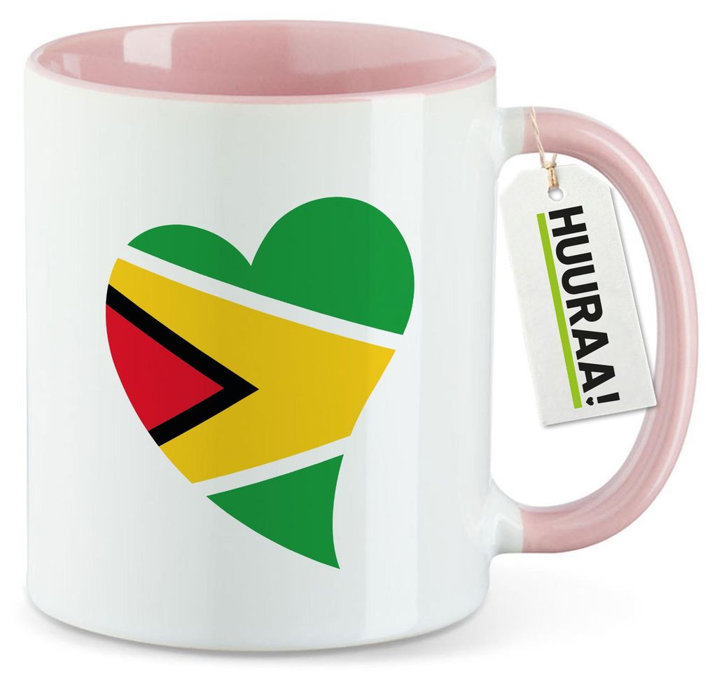 Huuraa Kaffeetasse Guyana Flagge Herz 330ml Rosa Keramik Kaffeebecher Geschenkidee