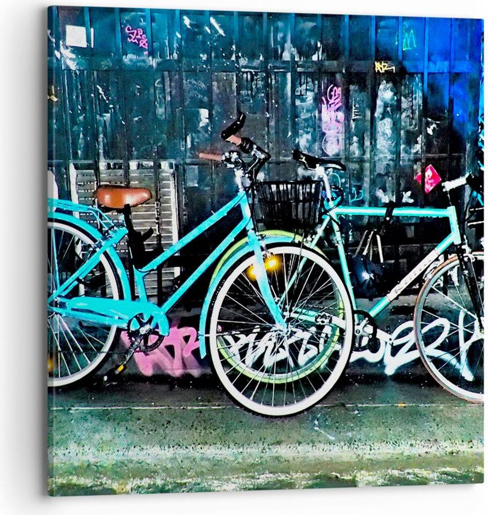Bild auf Leinwand - Leinwandbild - Fahrräder Graffiti Straße Wand - 70x70cm - Wand Bild - Wanddeko - Leinwanddruck - Bilder - Kunstdruck - Wandde...