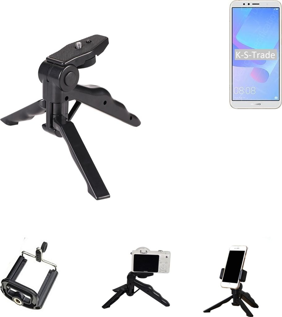 K-S-Trade Stativ Tisch-Ständer Dreibein Handy-Stativ Ständer kompatibel mit Huawei Y6 Prime 2018 Mini-Stativ Smartphone Tripod Handy-Stativ aus