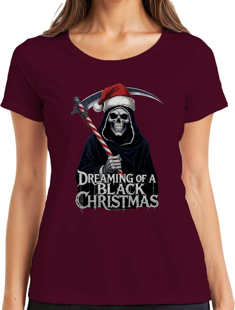 Black Christmas Reaper Santa Skull Scythe Candy Cane Gothic Damen T-Shirt, Burgundy, M