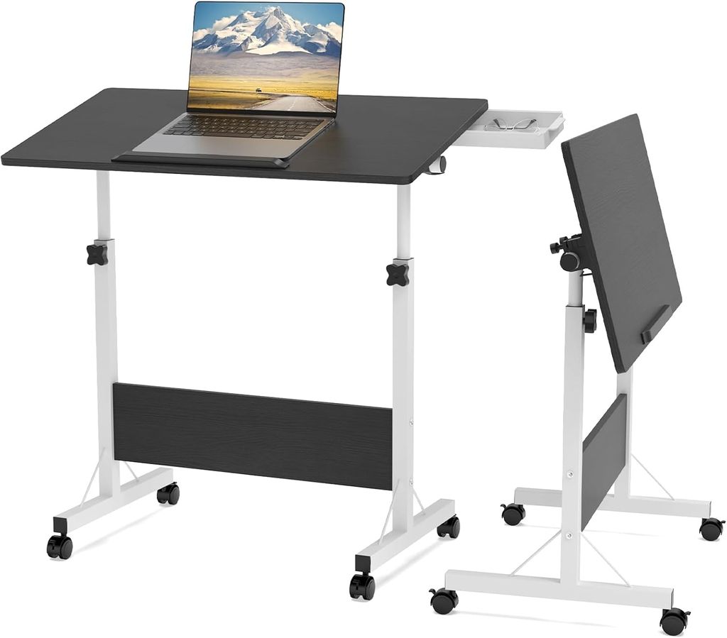 Klappbarer Laptoptisch mit Rollen,Computertisch Beistelltisch Schreibtisch Mobiler Stehtisch Überbett-Tisch Höhenverstellbarer 80x40x64-89cm Schwarz
