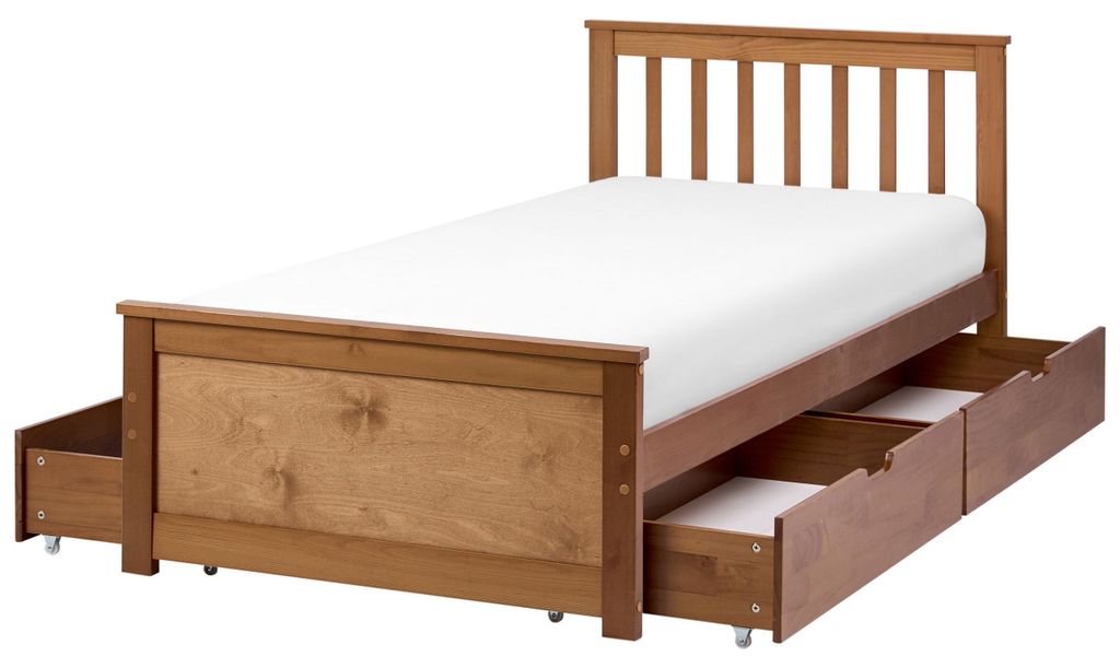 BELIANI Einzelbett Braun Kiefernholz mit Lattenrost 90 x 200 cm 4 Schubladen Fußteil Hohes Kopfteil Schlicht Modern Skandi Design Schlafzimmer Hol...