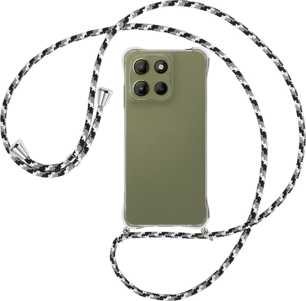 Handykette Backcover-Schutzhülle mit Band (Metall silberfarben) für Motorola Moto G15 - schwarz/grau/weiß