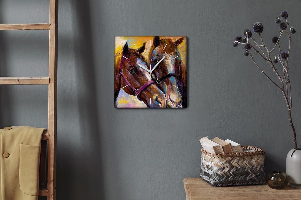 Coloray Hodiny Unikátní 30x30 cm Tiché hodiny Pro obývací pokoj a kuchyň Nástěnné hodiny Plátno Bílé ručičky hodin - Zvířecí koně