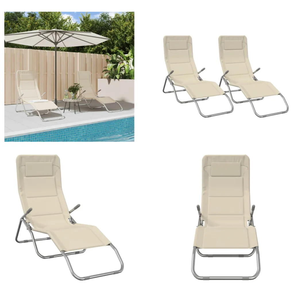 Bain de soleil Lot de 2 Lits de jardin Crème Textilène pour la Détente