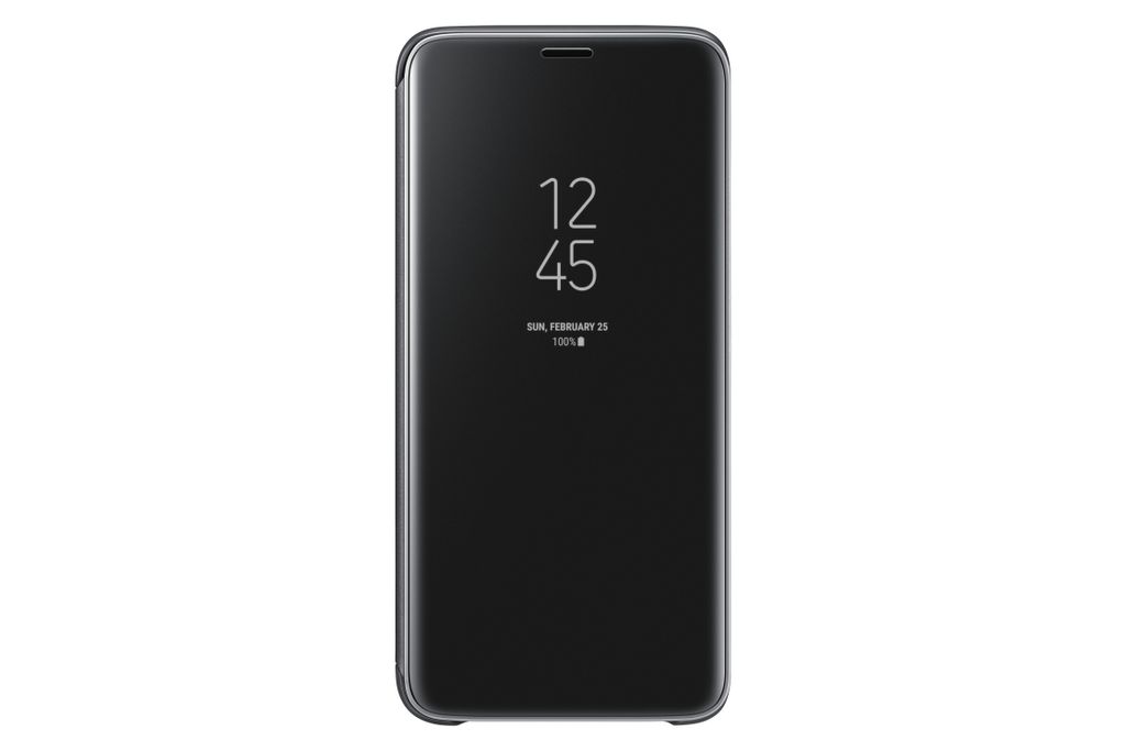 A black Samsung Galaxy S9 phone case with the time and date displayed on the screen.