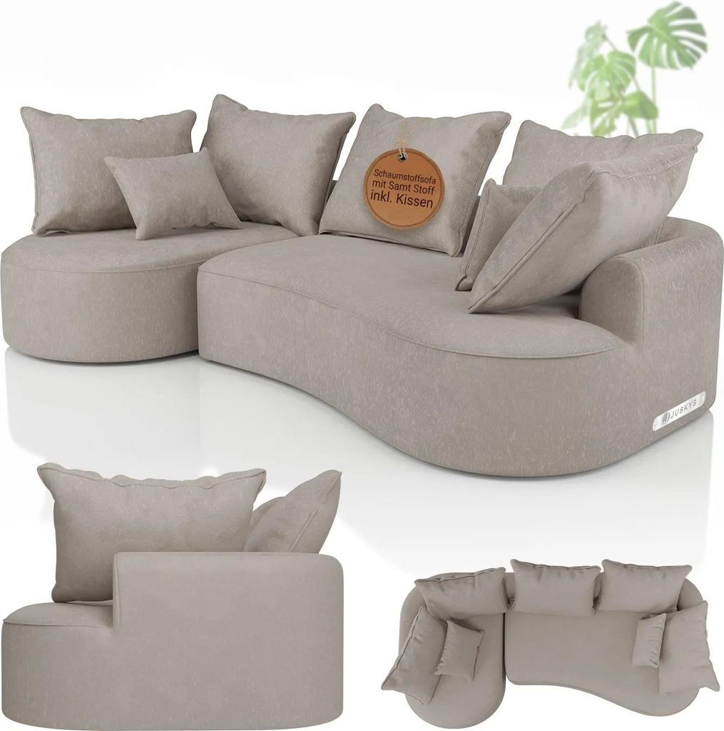 Juskys Sofa Tirano - modernes Samt Ecksofa, Beige Couch mit Ottomane links