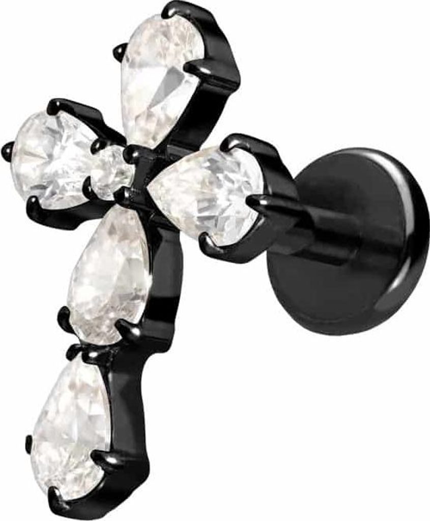 Ohrpiercing, Nasenpiercing Titan Labret mit Push Fit KRISTALLKREUZ Schwarz Stablänge: 9mm | Stabstärke: 1mm