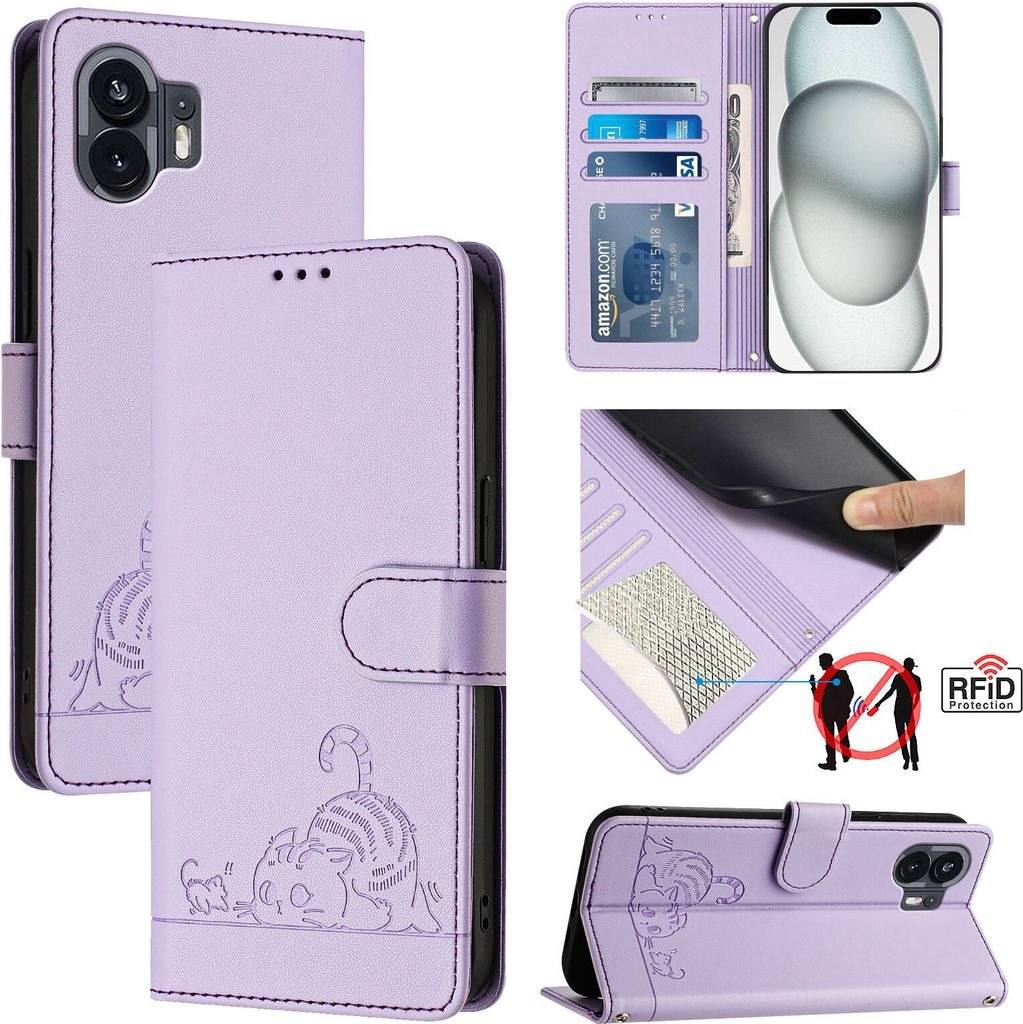 Leder Hülle für Nothing Phone 2A / 2A Plus Süße Katze Flip Case Brieftasche Schutzhülle mit Standfunktion Lila