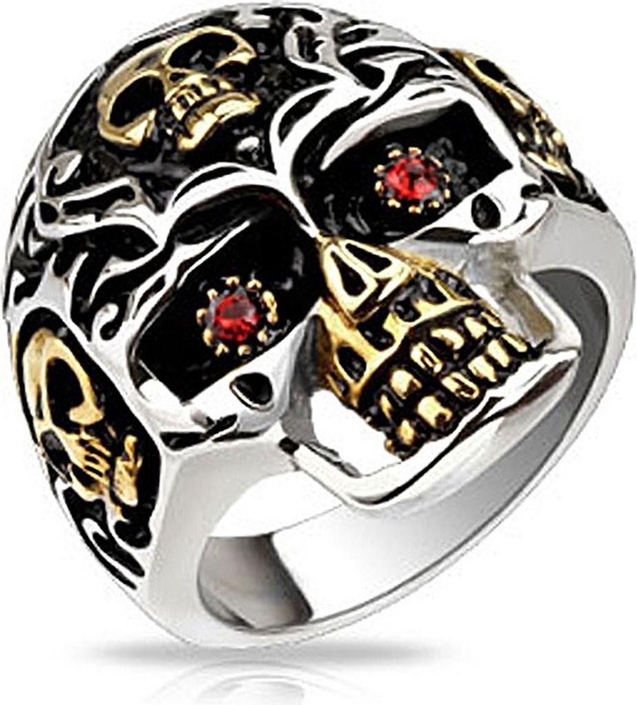 Totenkopf Ring Herren Edelstahl Biker Skull Kristall Auge Rot Gold Gothic Massiv Punk Rocker Zirkonia silber-gold 62 - Ø 19,76 mm