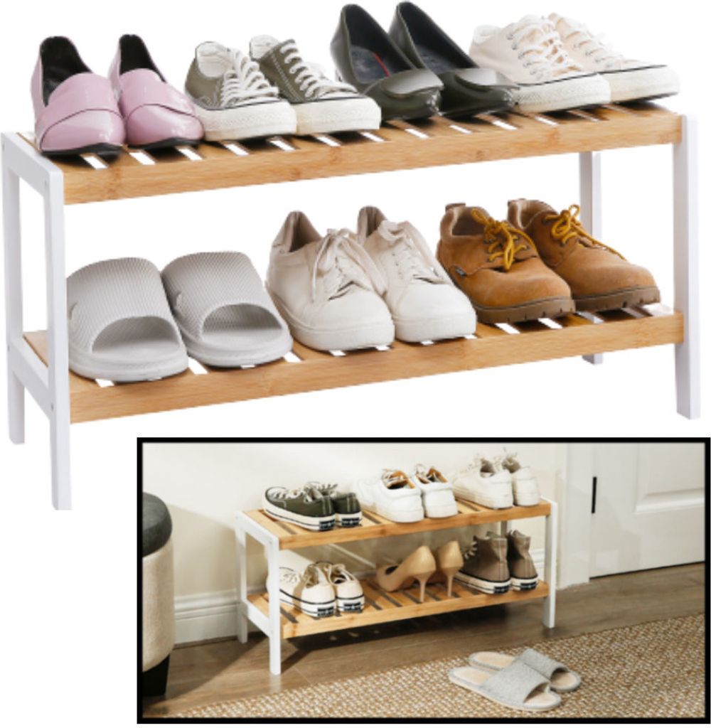 Schuhregal aus Bambus - 70 cm breit - Für 6 Paar Schuhe - Regal mit 2 Regalböden - Auch als offenes Badregal / Organizer fürs Bad - Decopatent