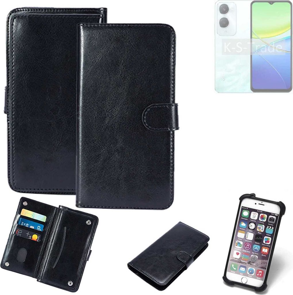 K-S-Trade 360° Hülle kompatibel mit Vivo Y36c schwarz Kunstleder Case BookCase WalletCase Kunstlederederhülle Handyhülle, Rundumschutz Bumper (1x)