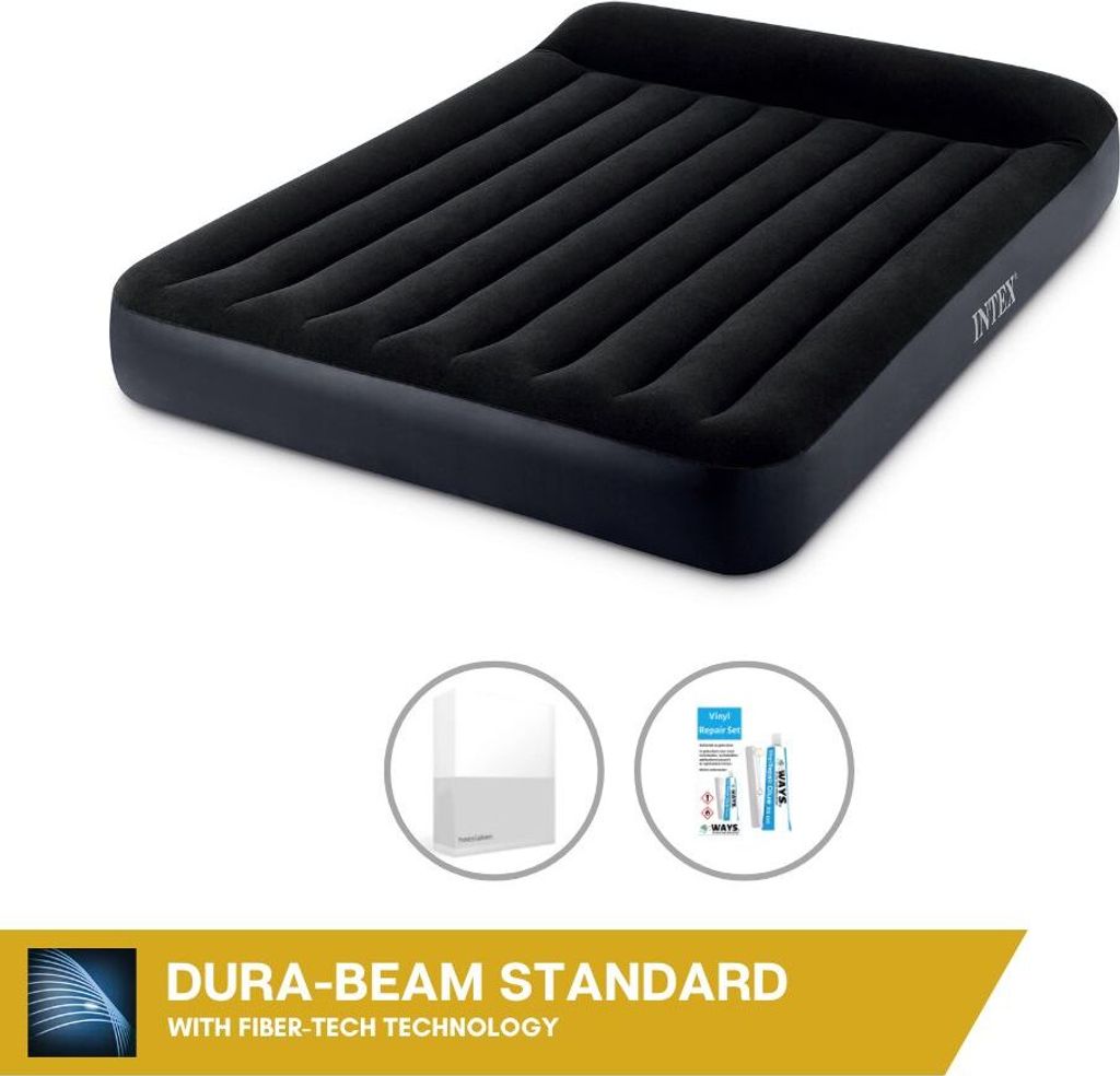 Intex Luftbett - 2 Personen - 152 x 203 x 25 cm - Blau - Mit eingebauter Pumpe, Spannbettlaken Weiß en Reperaturset