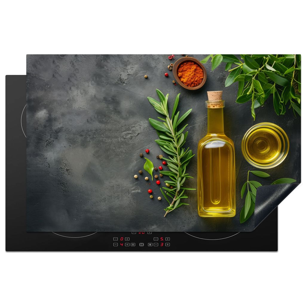 KitchenYeah Herdabdeckplatte Olivenöl - Beton - Gewürze , 80x52cm, Küche Deko, Glaskeramikkochfeld Herdabdeckung, Abdeckplatte fùr Kochfeld