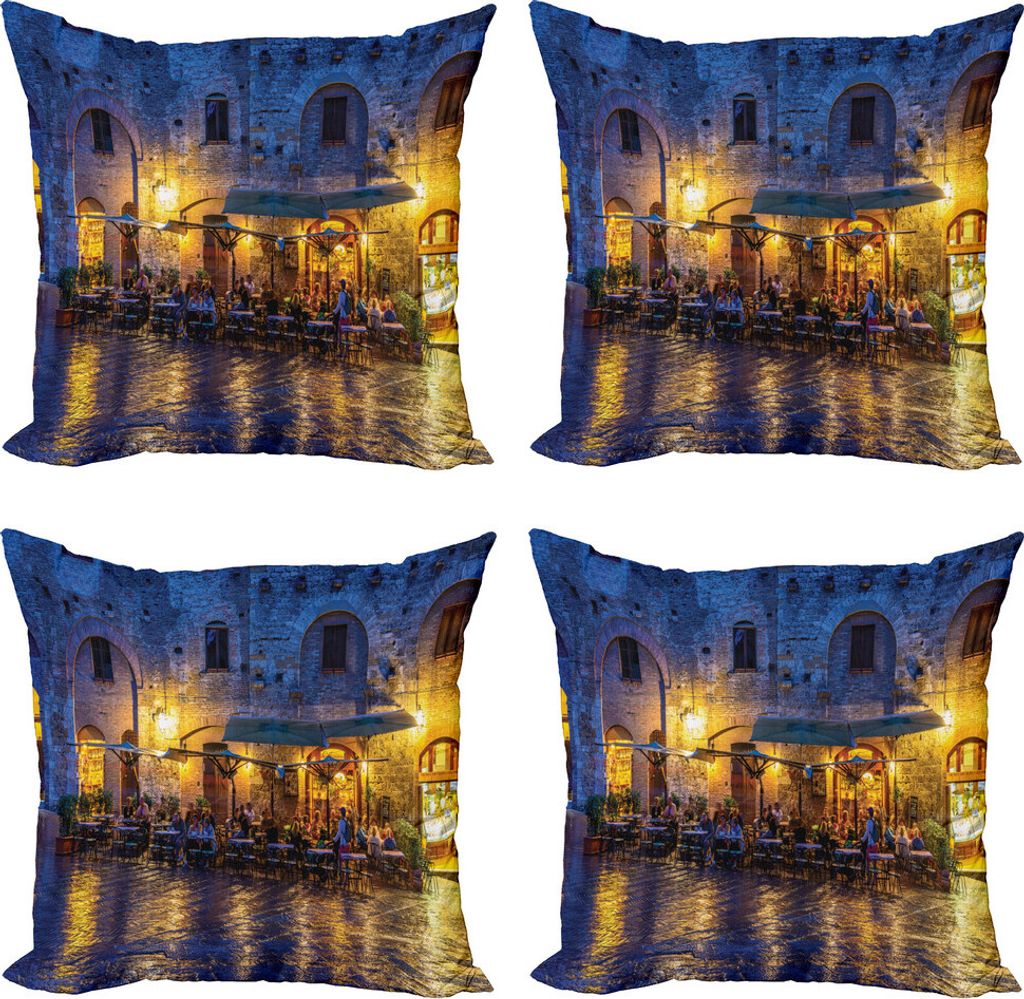 ABAKUHAUS Stadt Alte Häuser Kissenbezug Set (4 Stück), Nachtansicht Italien, Moderner Doppelseitiger Digitaldruck, 45 cm x 45 cm, Blau Gelb Orange