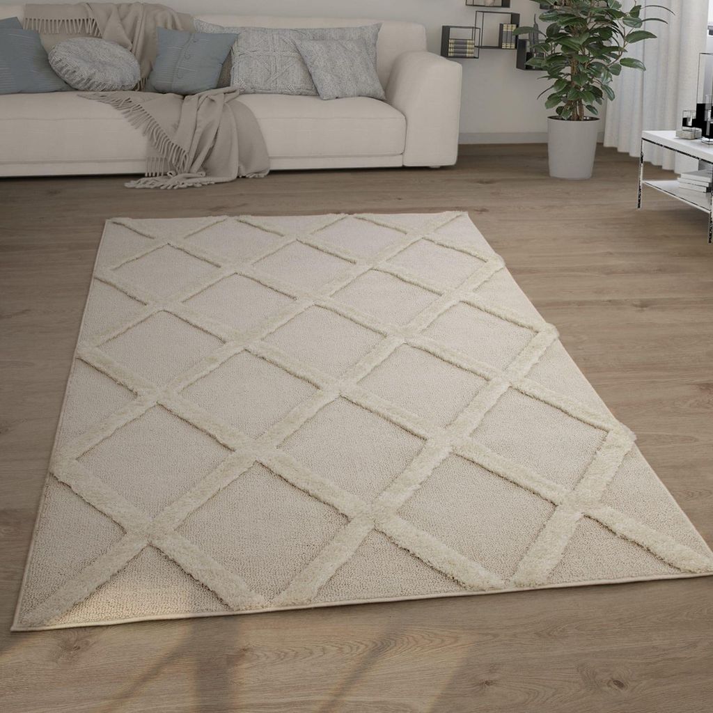 Hochflor Teppich Shaggy 3D Rauten Schlafzimmer schmutzabweisend Creme Rechteckig 120x160 | 100% Polypropylen | Florhöhe: 30 mm | pflegeleicht