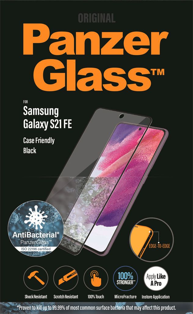 Packaging for a PanzerGlass screen protector for a Samsung Galaxy S21 FE.