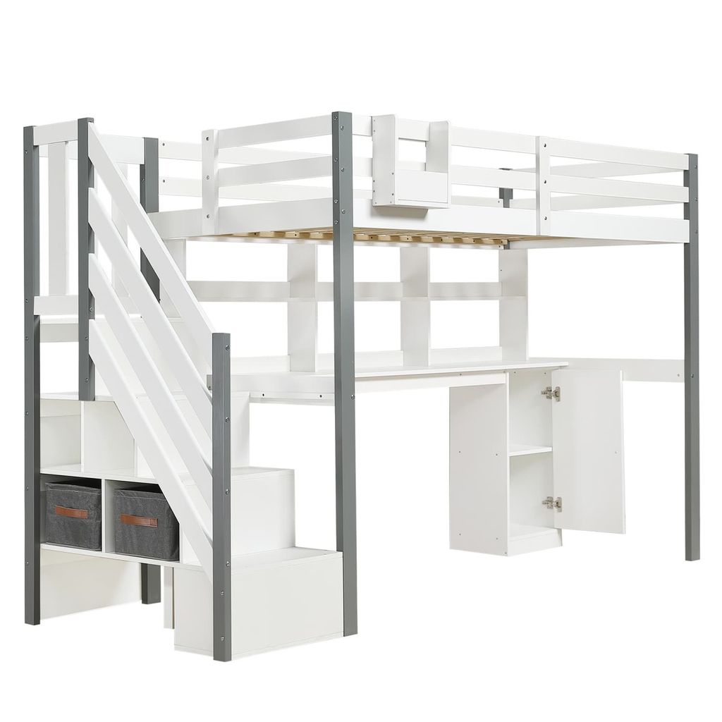 Halbhohes Bett, Mit Stoff-Aufbewahrungsbox, Reichlich Stauraum, Mit seitlicher Leiter, Offenes Regal, Jugendbett mit Schreibtisch und Schließfächern