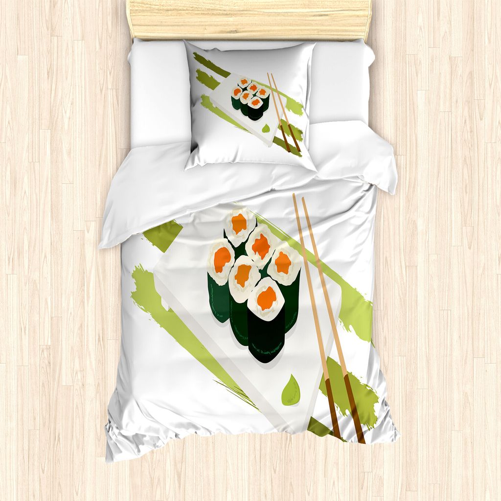 ABAKUHAUS Wasabi Bettbezug Set für Einzelbetten, Sushi Maki Platte Essstäbchen, Milbensicher Allergiker geeignet mit Kissenbezug, 135 cm x 200 cm...