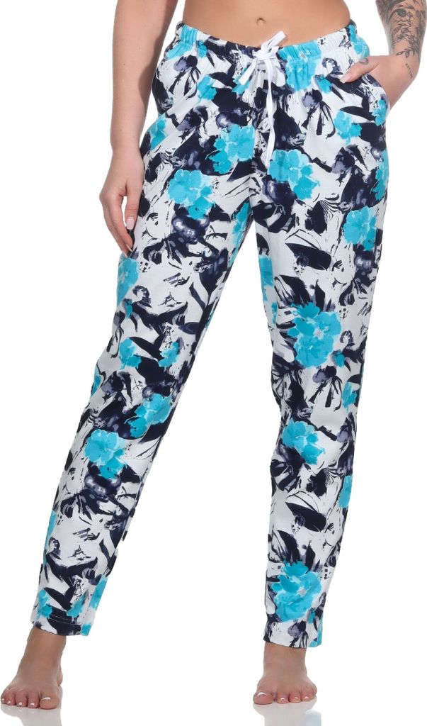 Damen Schlafanzug Pyjama Hose lang Mix & Match mit floralen Print - perfekt zu kombinieren ; hellblau , 40