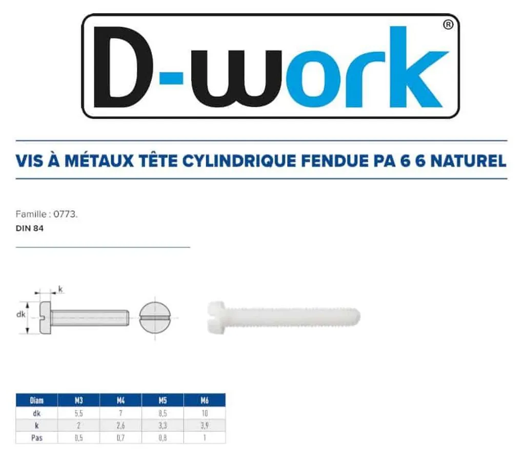 Vis en Plastique Polyamide M3 x 16 mm DIN 84 pour Fixation Légère D-Work