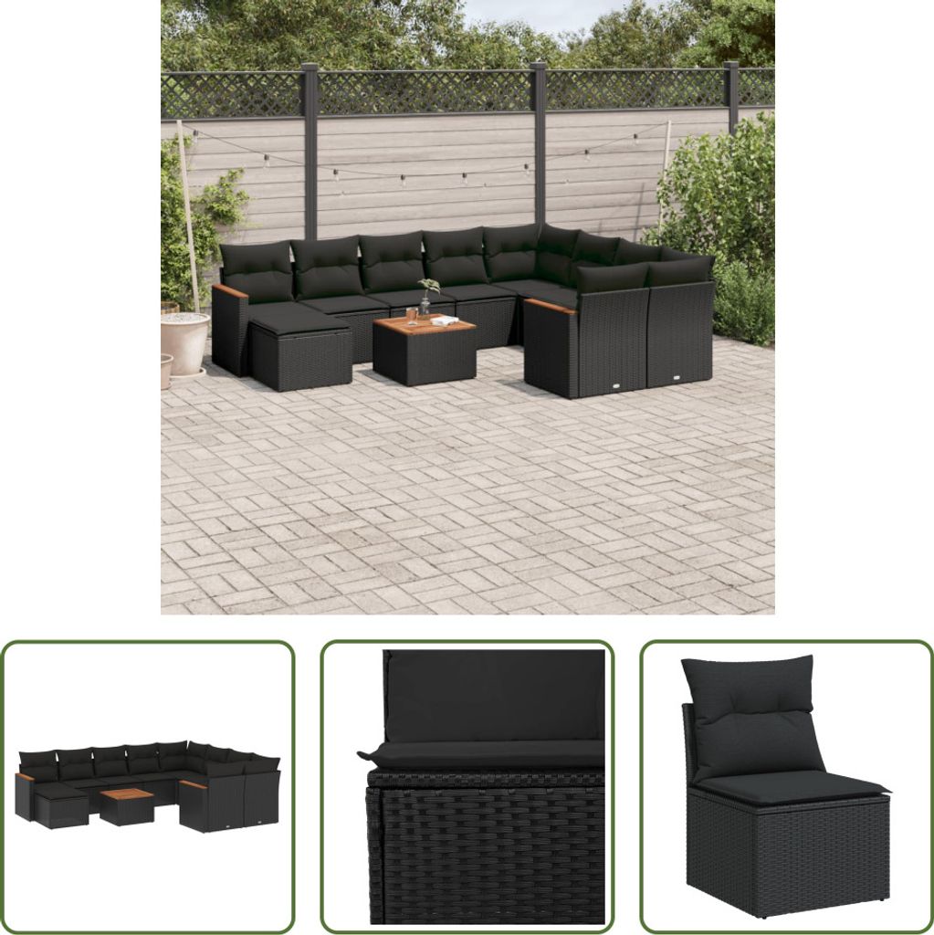 The Living Store 11-tlg. Garten-Sofagarnitur mit Kissen Schwarz Poly Rattan