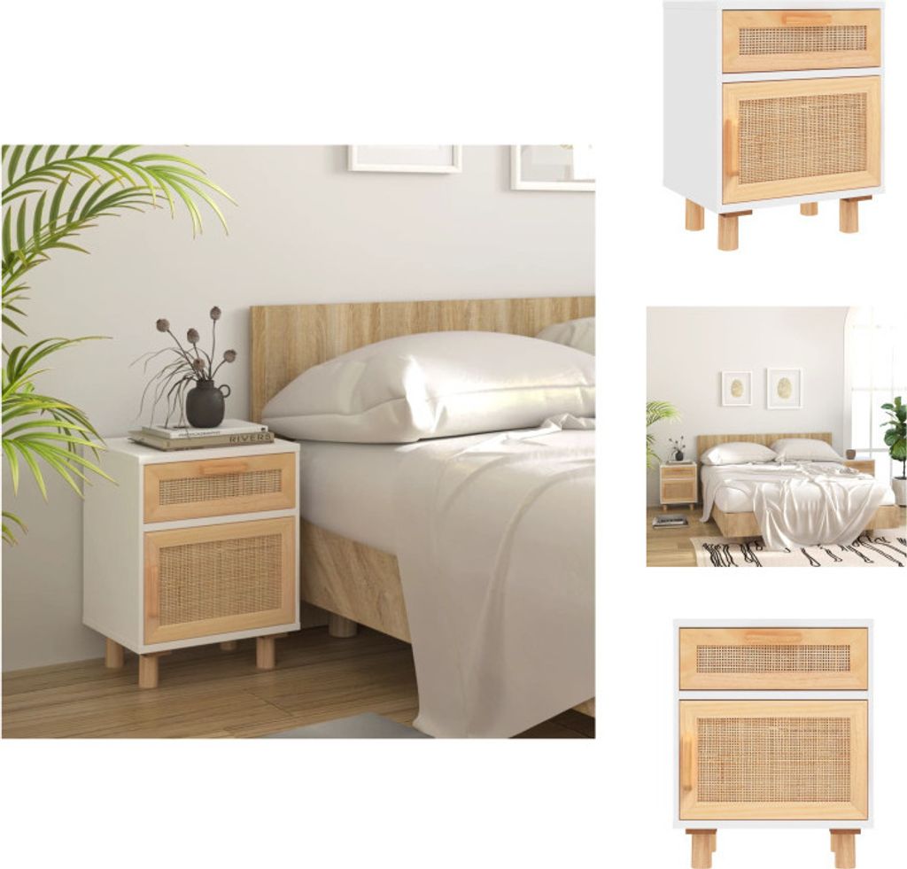 vidaXL Nachttisch Weiß Massivholz Kiefer und Natur-Rattan - Nachttische