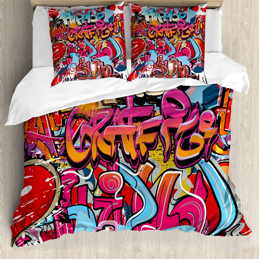 ABAKUHAUS Grafik Bettbezug, Hip Hop Street Art, Milbensicher Allergiker geeignet mit Kissenbezügen, 200 cm x 200 cm - 80 x 80 cm, Mehrfarbig