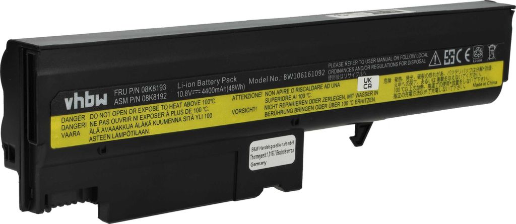 vhbw Akku kompatibel mit IBM ThinkPad T43p, T43P-2668, T43-1876, T43 2668, Thinkpad T40 Notebook (4400 mAh, 10,8 V, Li-Ion)